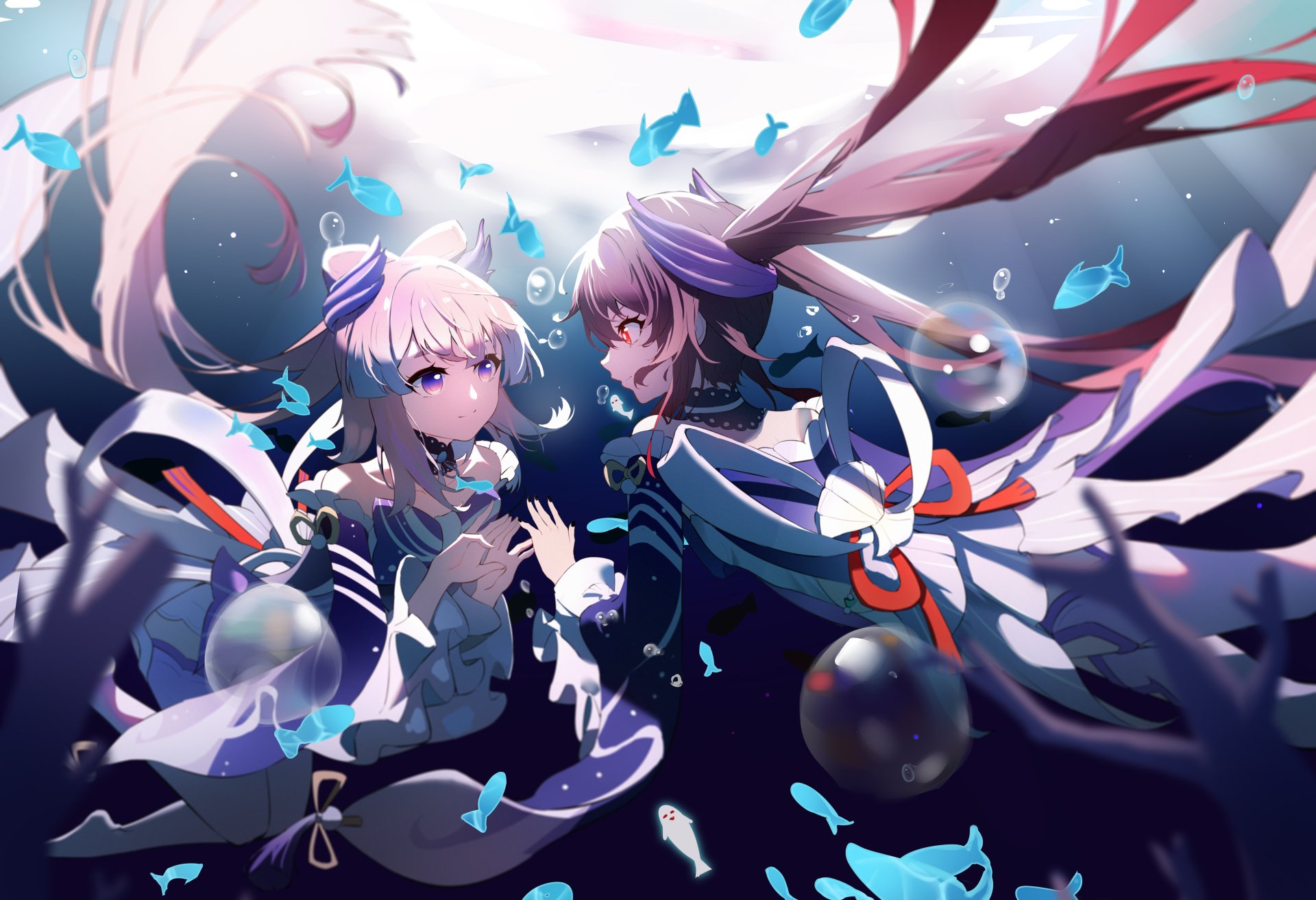 4K Ultra HD PC wallpaper featuring Sangonomiya Kokomi and Hu Tao from the video game Genshin Impact, surrounded by glowing butterflies and vibrant colors.