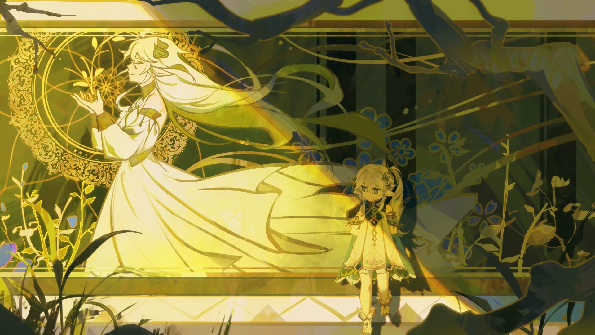 4K Ultra HD PC desktop wallpaper featuring Nahida from the video game Genshin Impact, set against an intricate, golden-hued backdrop with floral and mystical elements.