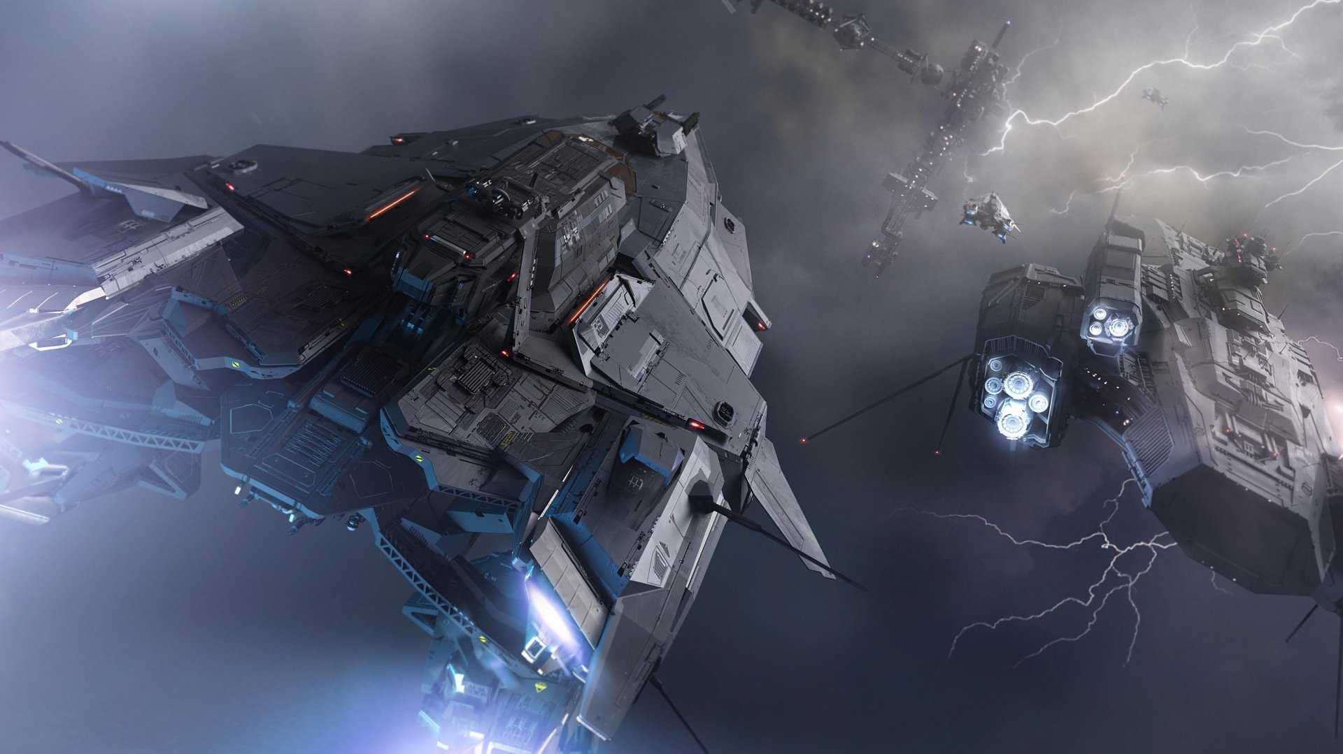 HD PC desktop wallpaper featuring the RSI Perseus spaceship from the Star Citizen video game amid a stormy space battle scene.