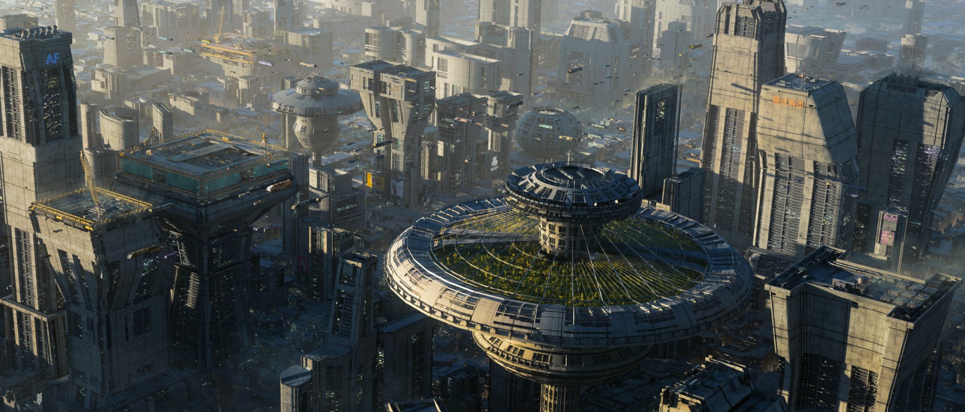 HD PC desktop wallpaper showcasing a detailed sci-fi cityscape with futuristic buildings and advanced architectural designs under a hazy sky.