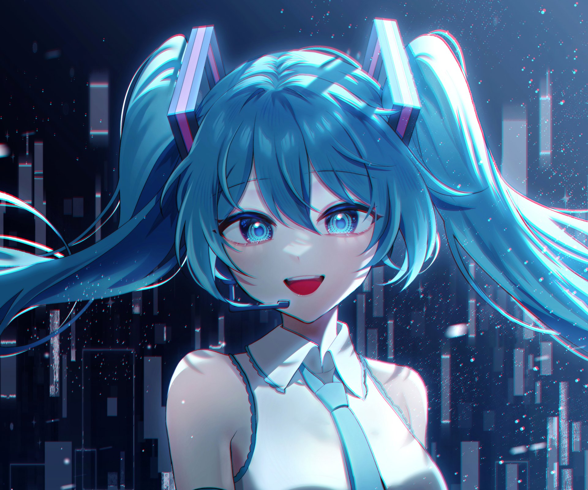 Vibrant HD PC desktop wallpaper featuring Hatsune Miku, the iconic Vocaloid anime character, with glowing blue hair and futuristic cityscape background.