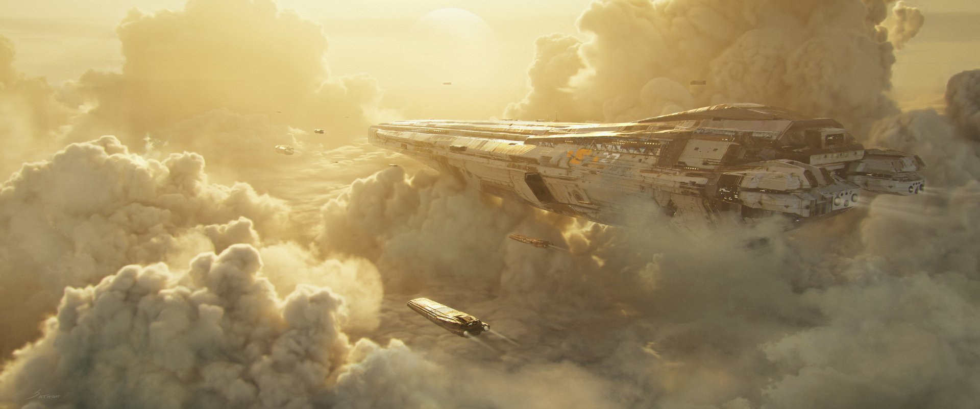 HD sci-fi desktop wallpaper featuring a massive spaceship hovering above dense clouds bathed in golden sunlight.