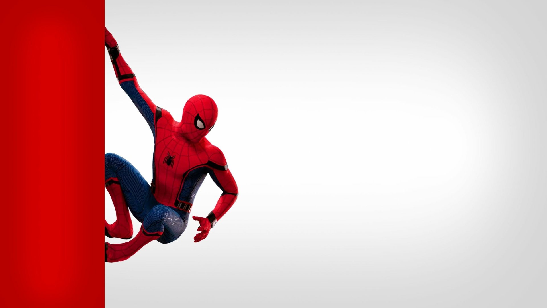 Marvel's Spider-Man video game wallpaper: Spider-Man clinging to a red ledge at left against a minimal white backdrop — 2K Quad HD PC desktop background.