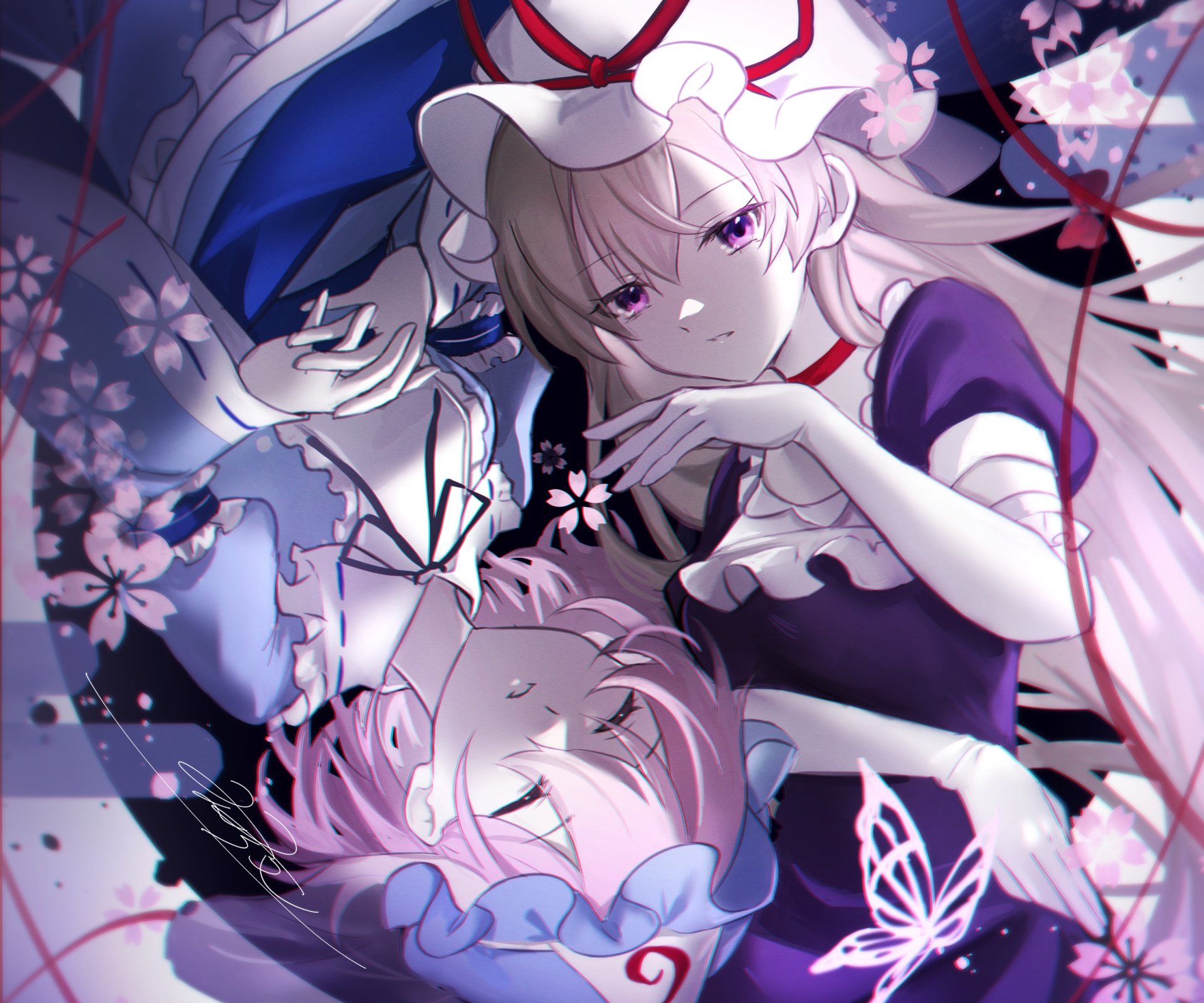 HD PC desktop wallpaper featuring Touhou anime characters Yukari Yakumo and Yuyuko Saigyouji reclining among cherry blossoms in soft purple and pink tones.