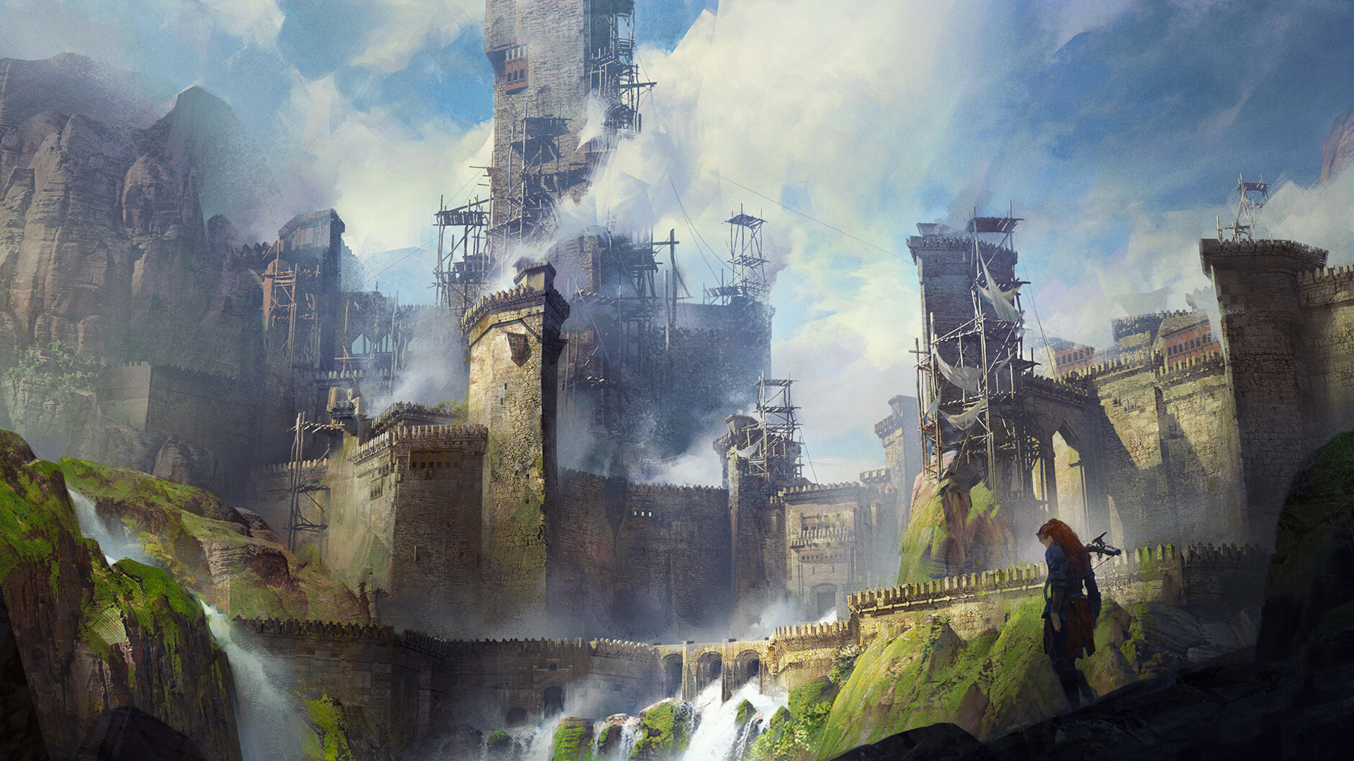 HD PC desktop wallpaper featuring a dramatic landscape from the video game Horizon Forbidden West, showcasing towering ancient ruins under a cloudy sky.