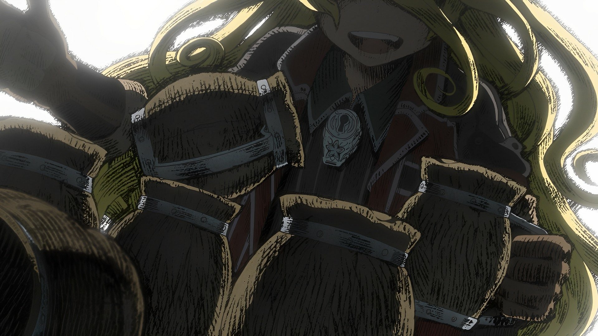 Anime — Made in Abyss: dark close-up of a grinning character surrounded by fur-lined pouches. HD PC desktop wallpaper and background.