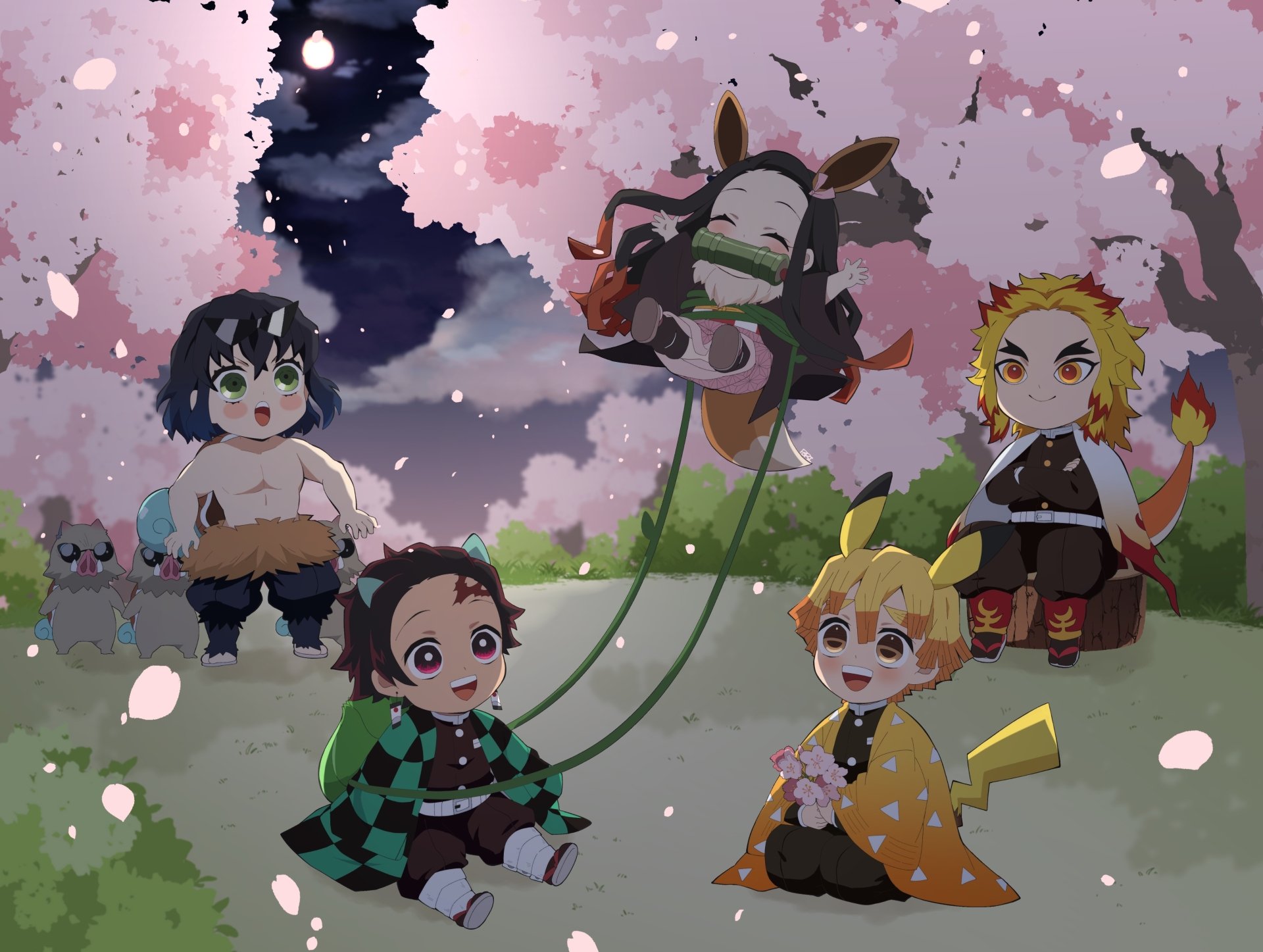 HD desktop wallpaper featuring chibi characters from Demon Slayer: Kimetsu no Yaiba enjoying a playful scene under cherry blossoms at twilight.