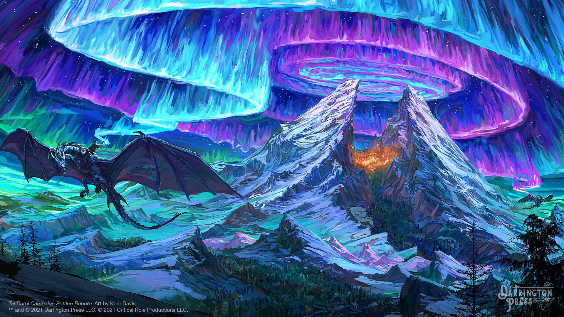 Fantasy HD desktop wallpaper featuring a majestic dragon flying over snowy mountains beneath vibrant, swirling auroras in a mystical night sky.