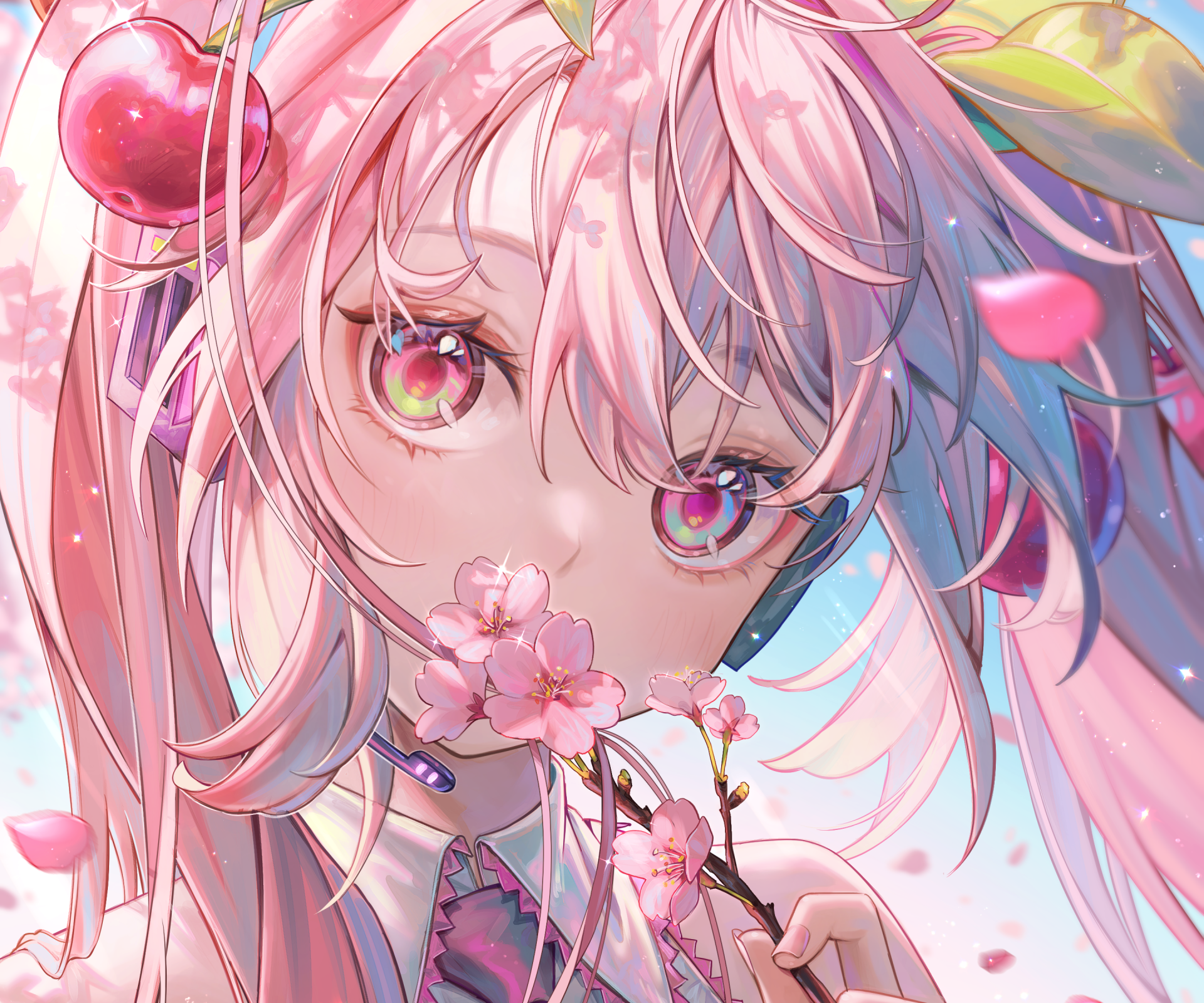HD anime desktop wallpaper featuring Hatsune Miku with vibrant pink hair and glowing eyes, holding cherry blossoms, representing the Vocaloid character in detailed digital art.