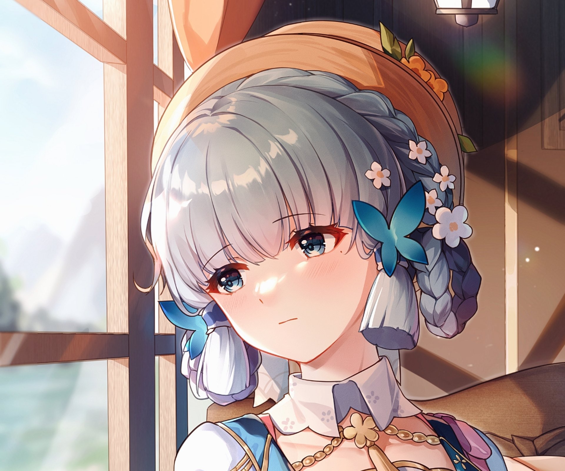 HD PC desktop wallpaper featuring Kamisato Ayaka from the video game Genshin Impact, showcasing her serene expression and intricate floral hair accessories.