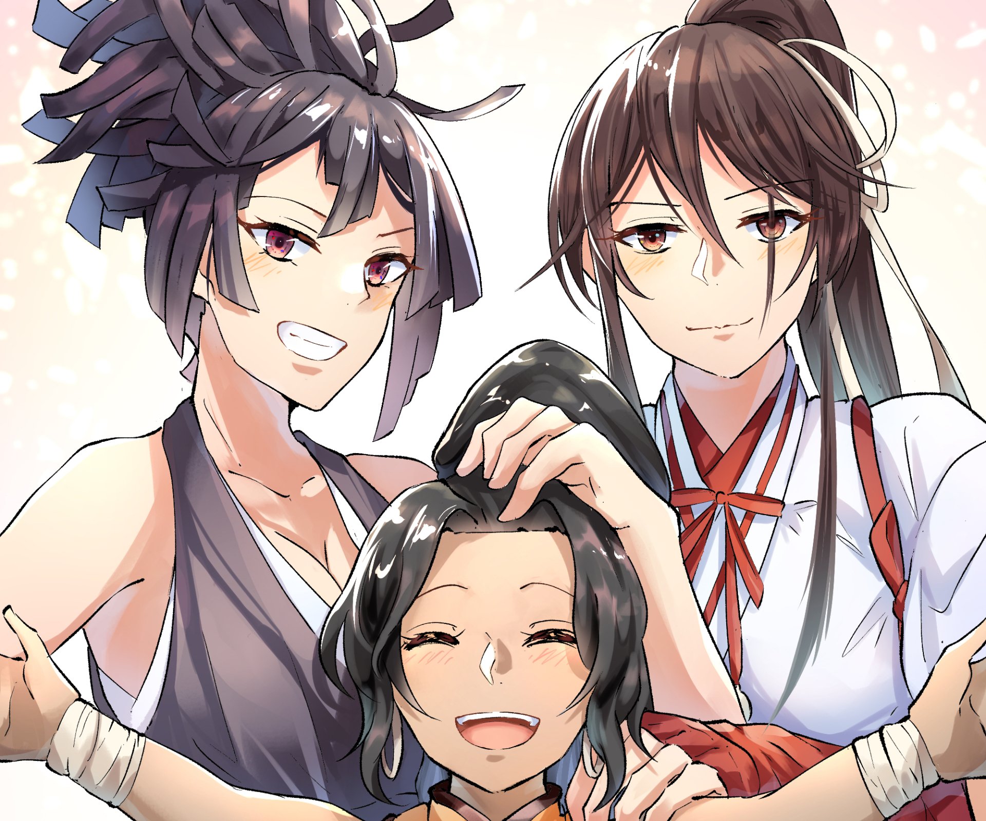 HD PC desktop wallpaper of Sagiri (Hell's Paradise) and two companions, anime trio smiling as one playfully ruffles a child's hair against a soft Hell's Paradise–style background.