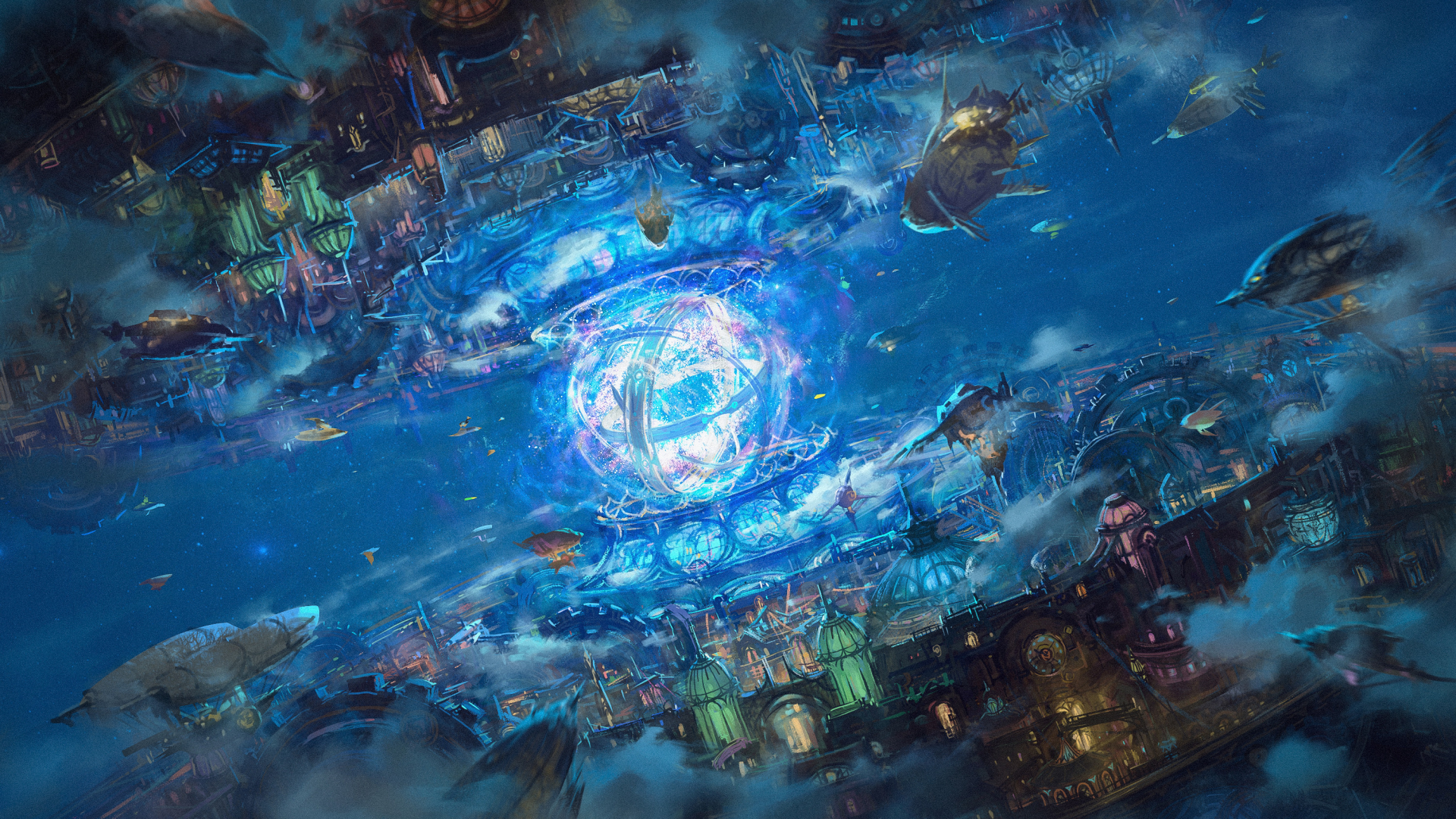 HD desktop wallpaper featuring a vibrant sci-fi city with futuristic buildings centered around a glowing blue energy orb.