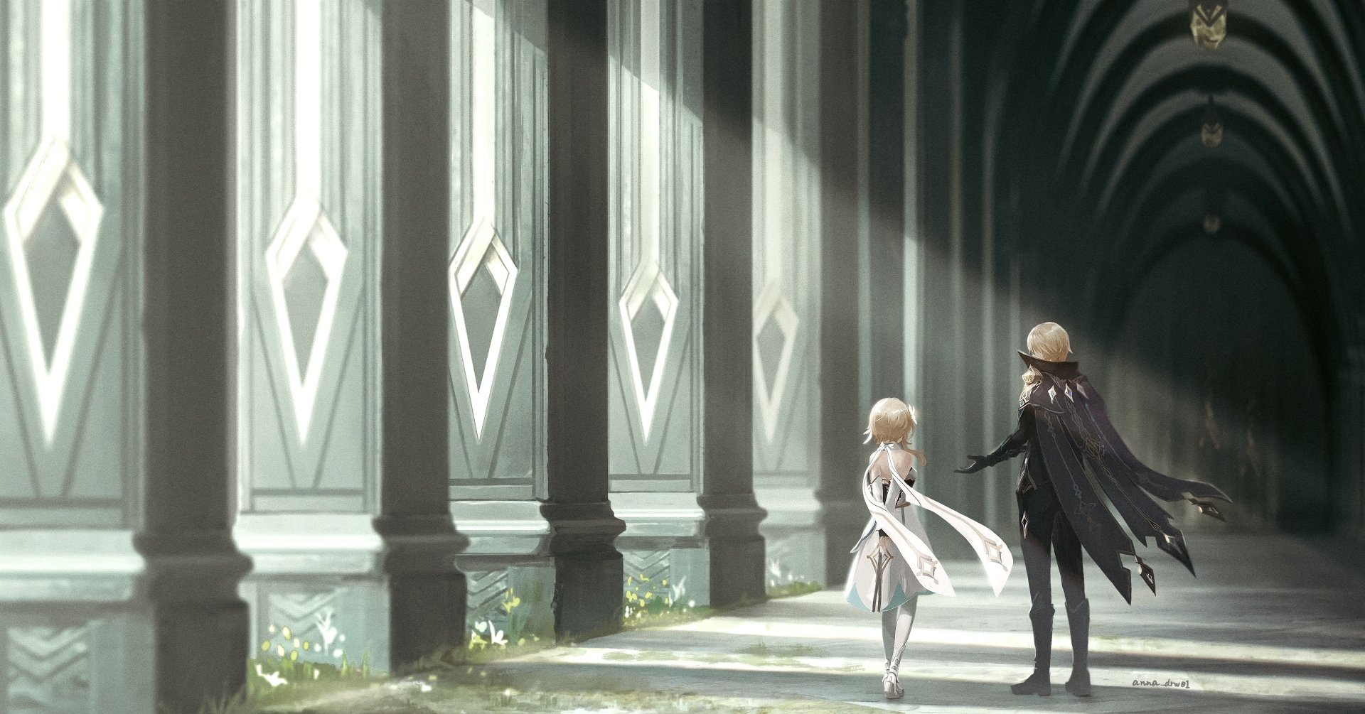 Dainsleif and Lumine from Genshin Impact walk through sunlit pillars in this 4K Ultra HD PC desktop wallpaper and background from the video game.