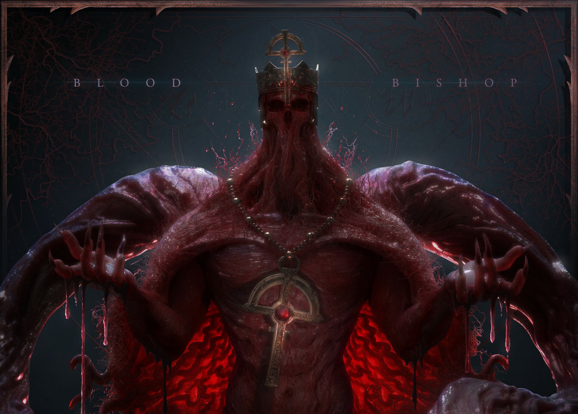 Video game Diablo IV HD PC wallpaper/background: towering blood-red demonic bishop with a tentacled face, outstretched arms and a glowing chest sigil against a dark backdrop.
