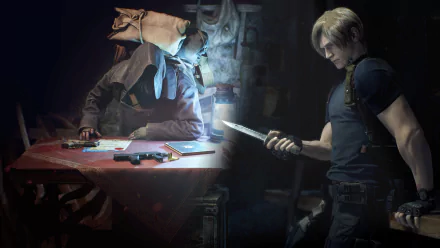 Leon S. Kennedy faces the cloaked Merchant over a dim, weapon-strewn table in Resident Evil 4 (2023) — 4K Ultra HD PC desktop wallpaper/background.