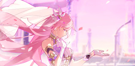 HD PC desktop wallpaper featuring Elysia from the video game Honkai Impact 3rd, set against a soft pink background with petals floating around her.
