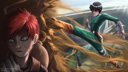 HD PC desktop wallpaper featuring Rock Lee delivering a powerful kick to Gaara, both iconic characters from the anime Naruto in a dynamic action scene.