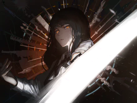 HD PC desktop wallpaper of Asa Mitaka from the anime Chainsaw Man, featuring her intense gaze and glowing orange eyes against a dark, dynamic background.