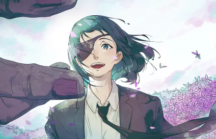 Himeno (Chainsaw Man) smiling with an eye patch, windblown hair and suit among purple flowers — Anime 4K Ultra HD PC desktop wallpaper/background.