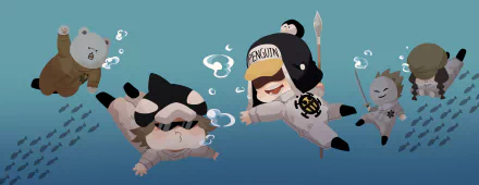 HD anime desktop wallpaper featuring One Piece characters in playful underwater scene with Penguin and cute animals wearing black and white outfits.
