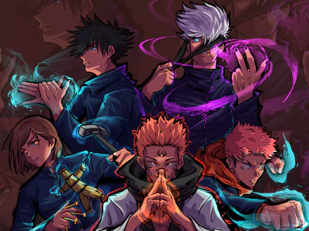 HD anime desktop wallpaper featuring Satoru Gojo, Megumi Fushiguro, Yuji Itadori, Nobara Kugisaki, and Sukuna from Jujutsu Kaisen with dynamic, glowing energy effects.