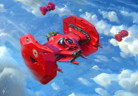 HD desktop wallpaper featuring a Star Wars-inspired red sci-fi spaceship flying above clouds, surrounded by smaller crafts in a dynamic, action-packed scene.