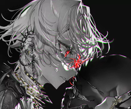2K Quad HD PC desktop wallpaper: anime girl close-up, monochrome with tousled hair, red glitchy eye, chains and piercings, moody cyberpunk vibe.