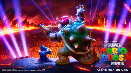 HD desktop wallpaper from The Super Mario Bros. Movie (2023) featuring Bowser and Kamek overlooking the Koopa Army with vibrant lighting and fiery background.
