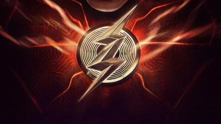 The Flash (2023) movie 2K Quad HD PC desktop wallpaper/background: a golden lightning-bolt emblem centered on a red, fiery textured field with radiating energy streaks.