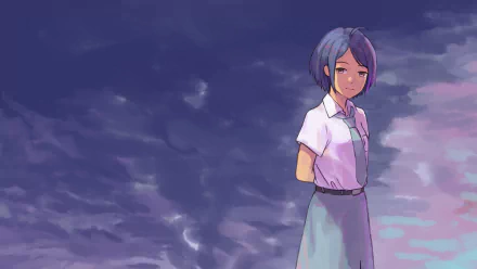 HD PC desktop wallpaper from the video game A Space for the Unbound: a pensive student in uniform stands beneath a brooding twilight sky.