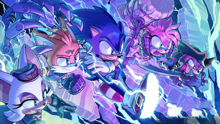 4K Ultra HD Sonic Prime desktop wallpaper featuring Sonic and friends in dynamic action poses with vibrant, electric blue and purple tones.