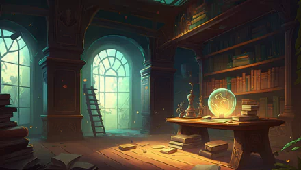 HD fantasy desktop wallpaper from Hogwarts Legacy, featuring a magical library room with glowing artifacts and a large arched window, inspired by the Harry Potter universe.