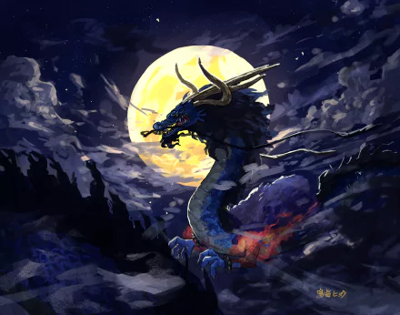 A striking HD PC desktop wallpaper featuring Kaido from One Piece, showcasing a fierce dragon against a dramatic moonlit sky, surrounded by swirling clouds.