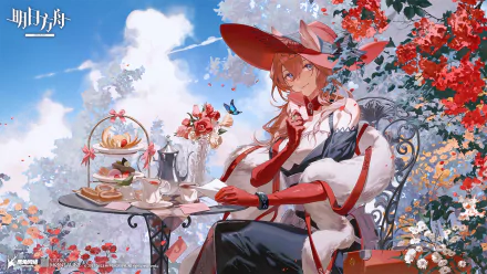 HD PC wallpaper of Heidi (Arknights), video game art: she sits at a floral tea table in a red hat and coat, surrounded by blossoms and butterflies beneath a bright blue sky.