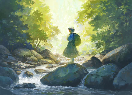 HD PC desktop wallpaper featuring Nitori Kawashiro from Touhou, standing on a rock in a sunlit forest stream surrounded by lush greenery.