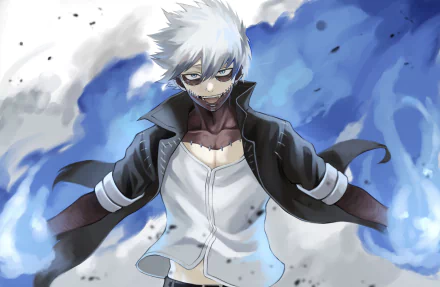 Dabi from My Hero Academia is depicted in this vibrant 4K Ultra HD anime wallpaper, featuring sharp details and a dynamic blue and white background for PC desktops.