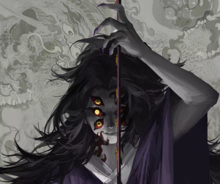 HD PC desktop wallpaper featuring Kokushibo from the anime Demon Slayer: Kimetsu no Yaiba, showcasing his intense multi-eyed gaze and dark, flowing hair.