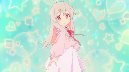HD PC desktop wallpaper of Mahiro Oyama from the anime Onimai: I'm Now Your Sister!, featuring her with light pink hair and a pastel outfit against a glowing starry background.