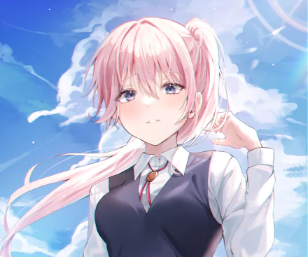 HD anime desktop wallpaper featuring Micchon Shikimori from Shikimori's Not Just a Cutie, with soft pink hair and a serene blue sky background.