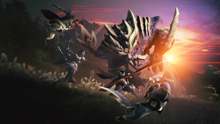 Monster Hunter Rise HD desktop wallpaper featuring hunters in combat with a large dragon-like creature at sunset.