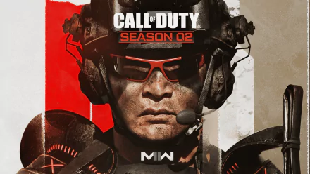 HD desktop wallpaper featuring a soldier in gear from Call of Duty: Warzone 2.0, Season 02, with a striking red and white background.