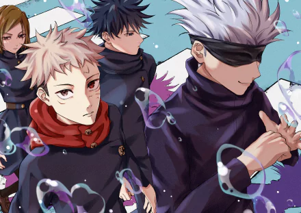 HD PC wallpaper featuring Jujutsu Kaisen characters Satoru Gojo (blindfolded), Megumi Fushiguro, Yuji Itadori and Nobara Kugisaki in a dynamic anime group pose with swirling energy.