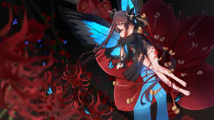 Hu Tao from Genshin Impact depicted in a vibrant 4K Ultra HD wallpaper, surrounded by red flowers and glowing blue butterflies on a dark background.