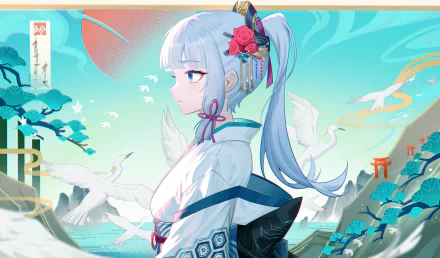 4K Ultra HD desktop wallpaper featuring Kamisato Ayaka from Genshin Impact, set against a serene, vibrant background with cranes and traditional Japanese elements.