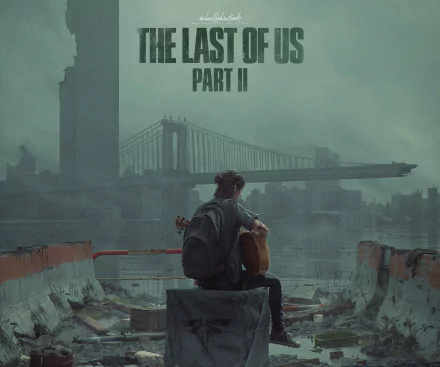 HD PC desktop wallpaper featuring a scene from the video game The Last of Us Part II with a character sitting and playing guitar against a foggy city backdrop.