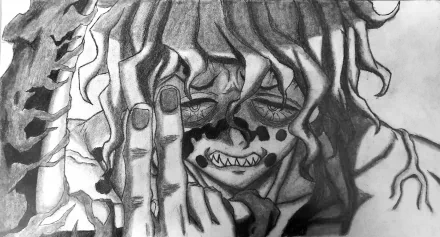 Grayscale pencil-style close-up of Gyutaro (Demon Slayer) baring jagged teeth behind a raised hand — Demon Slayer: Kimetsu no Yaiba 4K Ultra HD PC desktop wallpaper/background.