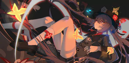 A captivating 4K Ultra HD desktop wallpaper featuring Hu Tao from Genshin Impact, surrounded by vibrant butterflies and an atmospheric background.