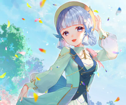 HD PC desktop wallpaper and background of Kamisato Ayaka from the video game Genshin Impact, smiling amid floating petals beneath a bright blue sky.