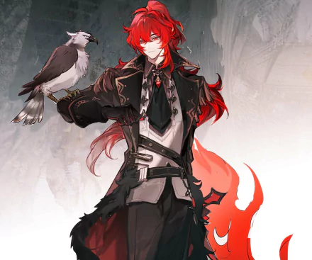 HD PC desktop wallpaper featuring Diluc from the video game Genshin Impact, showcasing his red hair, dark outfit, and a bird perched on his arm.