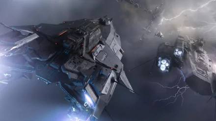 HD PC desktop wallpaper featuring the RSI Perseus spaceship from the Star Citizen video game amid a stormy space battle scene.